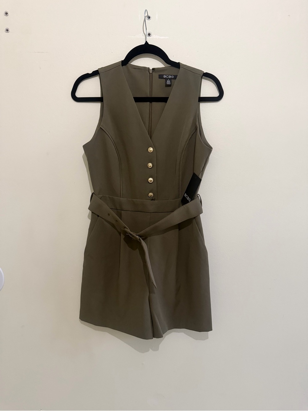 BCBG Olive Green V-Neck Sleeveless Romper with Gold Buttons and Waist Tie